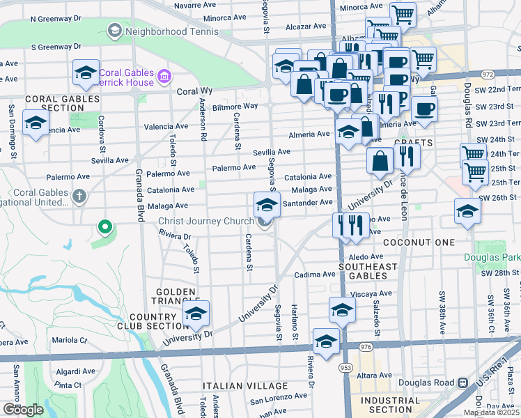 map of restaurants, bars, coffee shops, grocery stores, and more near 646 Malaga Avenue in Coral Gables