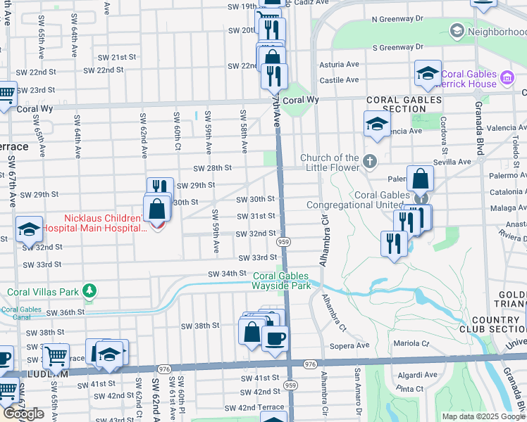 map of restaurants, bars, coffee shops, grocery stores, and more near 5722 Southwest 30th Street in Miami