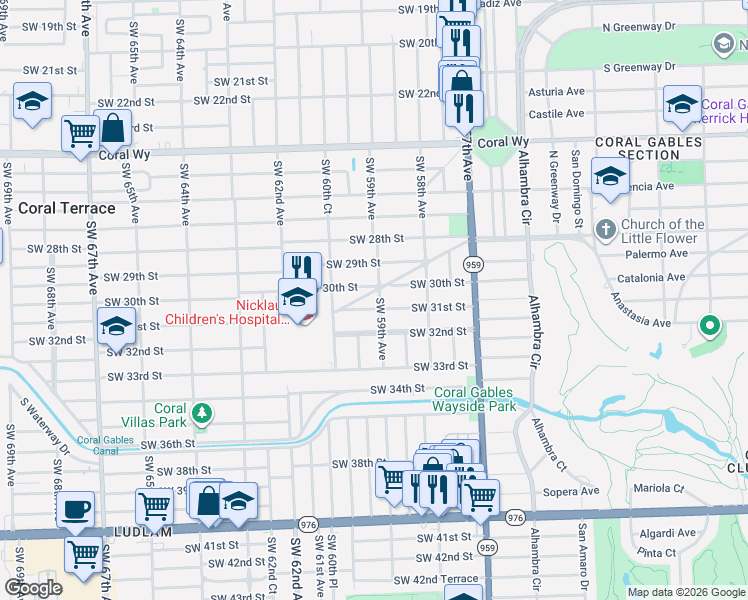 map of restaurants, bars, coffee shops, grocery stores, and more near 5947 Southwest 30th Street in Miami