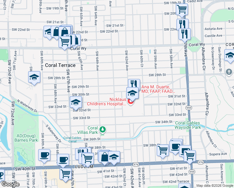 map of restaurants, bars, coffee shops, grocery stores, and more near 6261 Southwest 30th Street in Miami