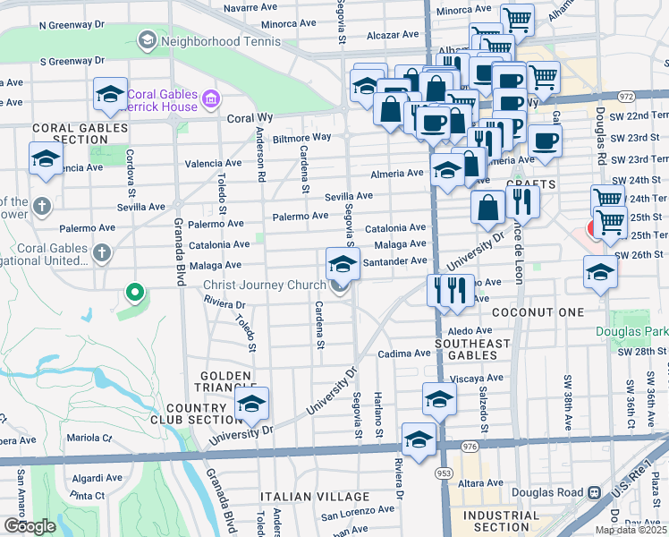 map of restaurants, bars, coffee shops, grocery stores, and more near 646 Malaga Avenue in Coral Gables