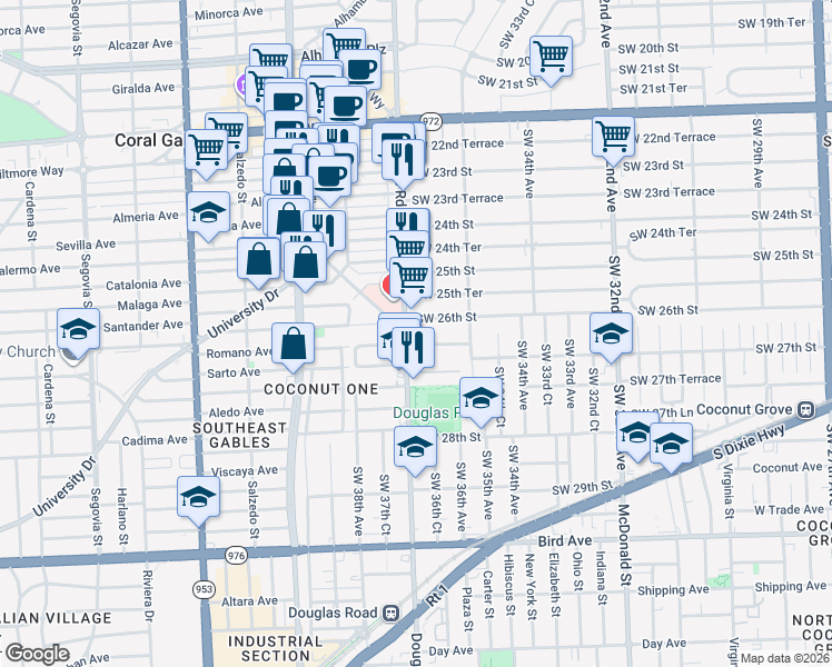 map of restaurants, bars, coffee shops, grocery stores, and more near in Coral Gables