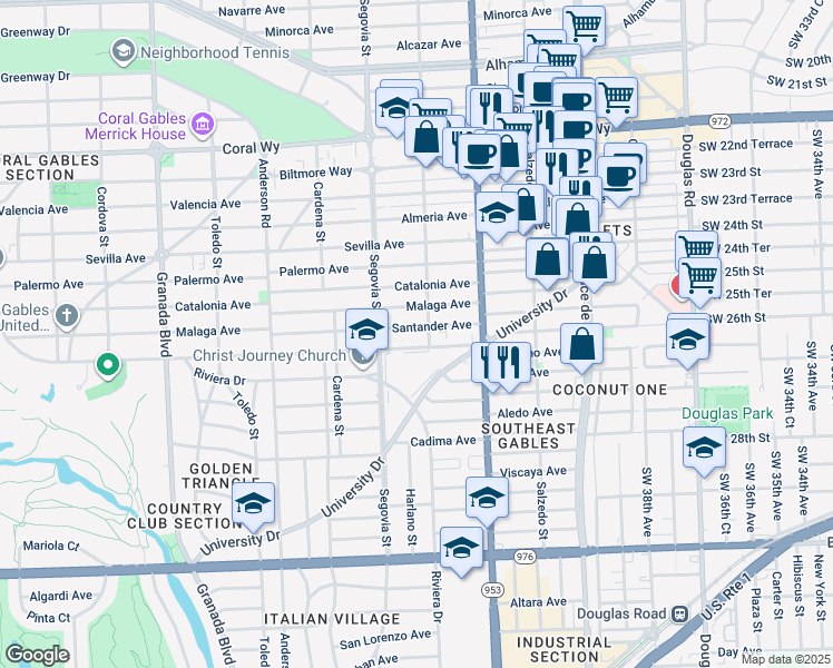 map of restaurants, bars, coffee shops, grocery stores, and more near 510 Santander Avenue in Coral Gables