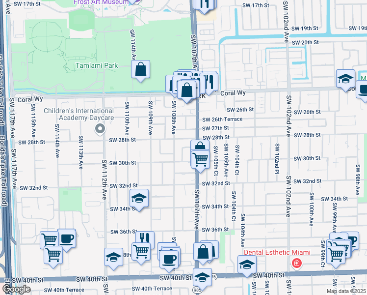map of restaurants, bars, coffee shops, grocery stores, and more near 10720 Southwest 28th Street in Miami