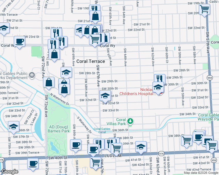 map of restaurants, bars, coffee shops, grocery stores, and more near 6480 Southwest 29th Street in Miami