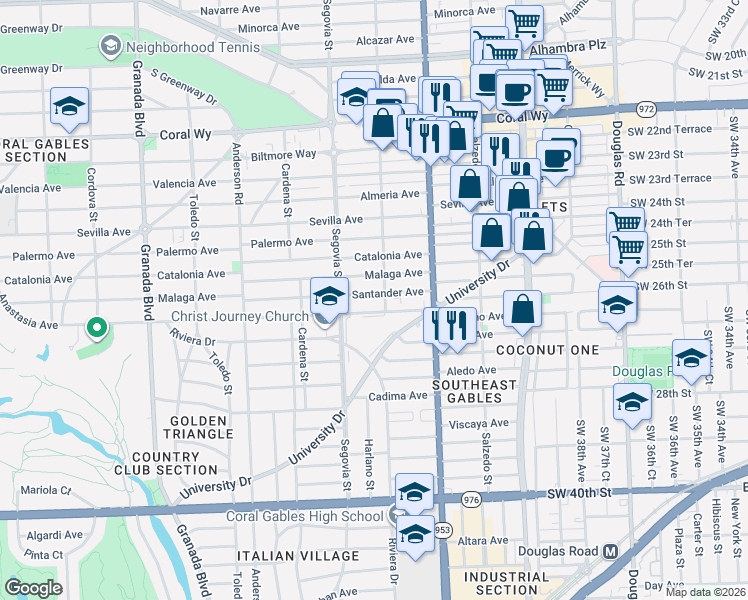 map of restaurants, bars, coffee shops, grocery stores, and more near 510 Santander Avenue in Coral Gables