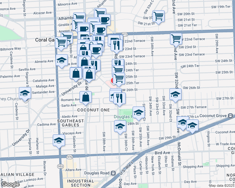 map of restaurants, bars, coffee shops, grocery stores, and more near 2625 Southwest 37th Avenue in Miami