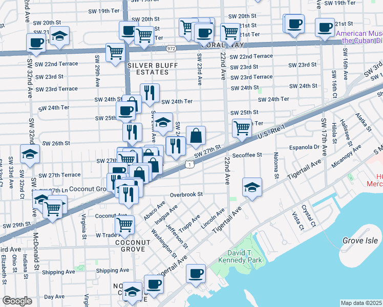 map of restaurants, bars, coffee shops, grocery stores, and more near 2375 Southwest 26th Lane in Miami