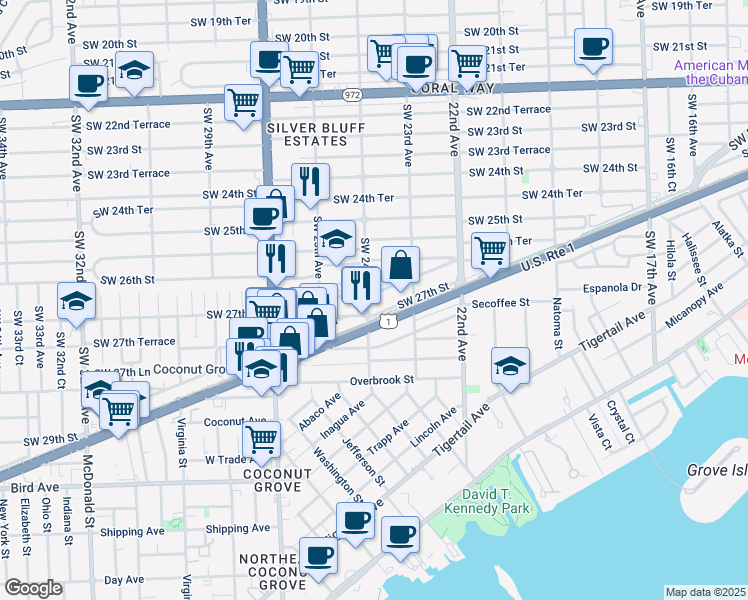 map of restaurants, bars, coffee shops, grocery stores, and more near 2375 Southwest 26th Lane in Miami