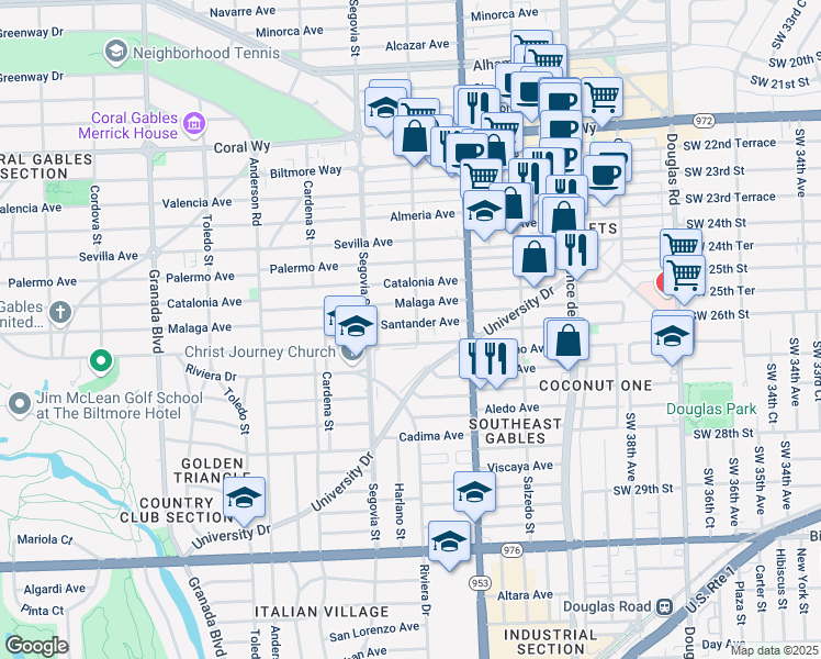 map of restaurants, bars, coffee shops, grocery stores, and more near 511 Santander Avenue in Coral Gables