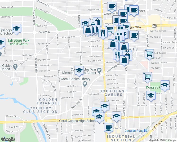 map of restaurants, bars, coffee shops, grocery stores, and more near 511 Santander Avenue in Coral Gables