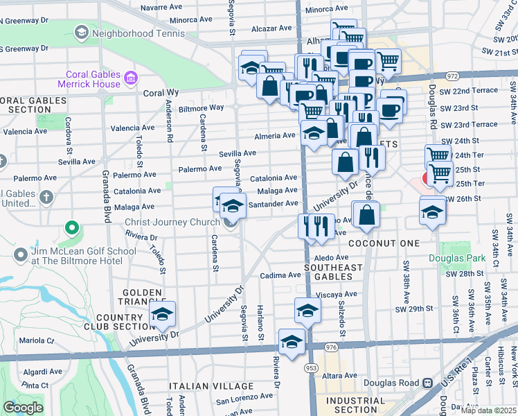 map of restaurants, bars, coffee shops, grocery stores, and more near 511 Santander Avenue in Coral Gables