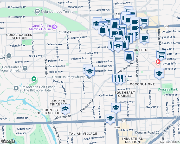 map of restaurants, bars, coffee shops, grocery stores, and more near in Coral Gables