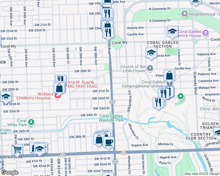 map of restaurants, bars, coffee shops, grocery stores, and more near 5722 Southwest 30th Street in Miami