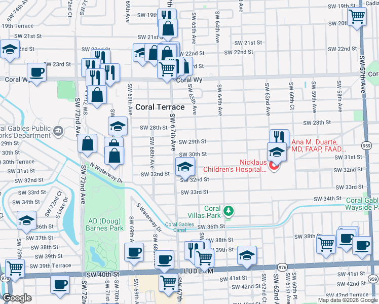 map of restaurants, bars, coffee shops, grocery stores, and more near 6550 Southwest 29th Street in Miami