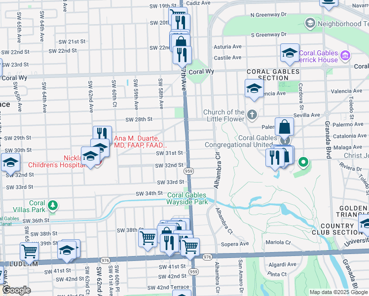 map of restaurants, bars, coffee shops, grocery stores, and more near 5722 Southwest 30th Street in Miami