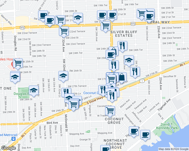 map of restaurants, bars, coffee shops, grocery stores, and more near 2650 Southwest 29th Court in Miami