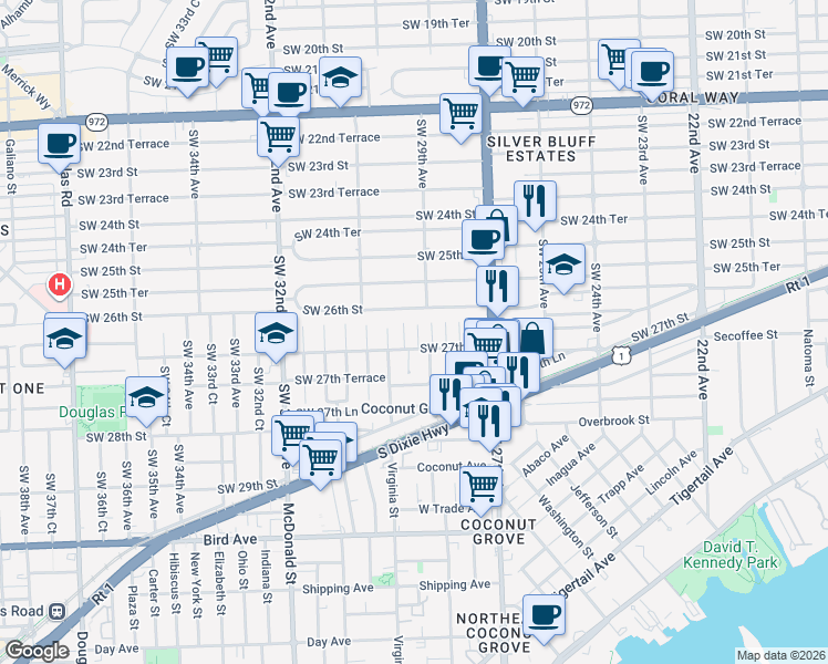 map of restaurants, bars, coffee shops, grocery stores, and more near 2648 Southwest 29th Court in Miami