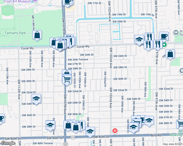 map of restaurants, bars, coffee shops, grocery stores, and more near 10340 Southwest 28th Street in Miami