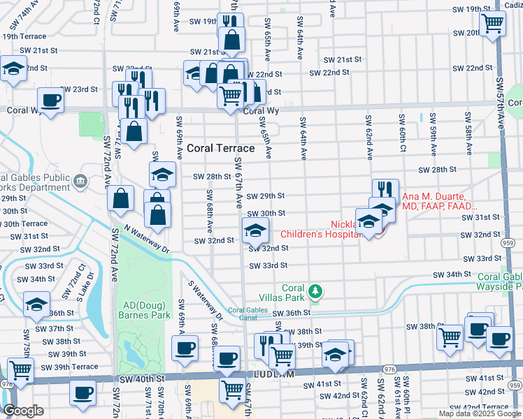 map of restaurants, bars, coffee shops, grocery stores, and more near 6550 Southwest 29th Street in Miami