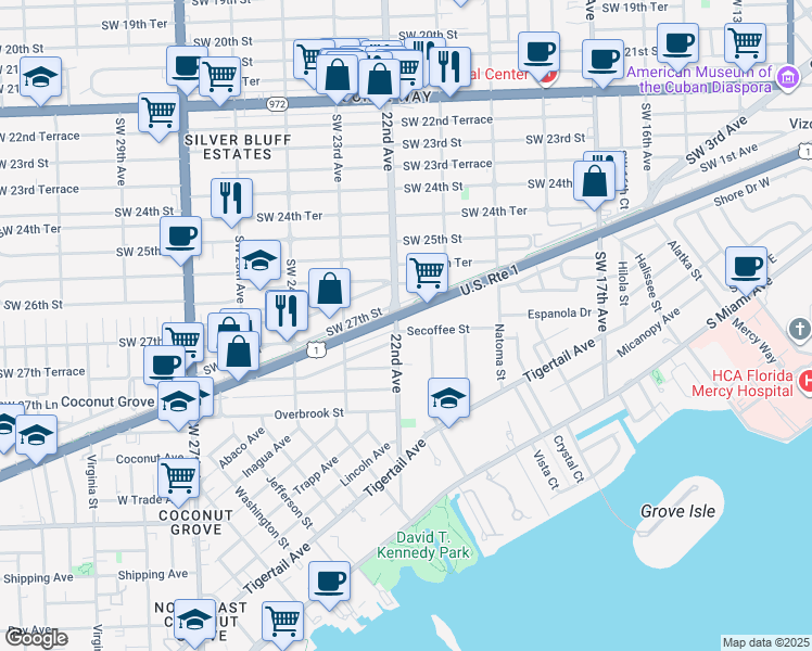 map of restaurants, bars, coffee shops, grocery stores, and more near 2150 South Dixie Highway in Miami