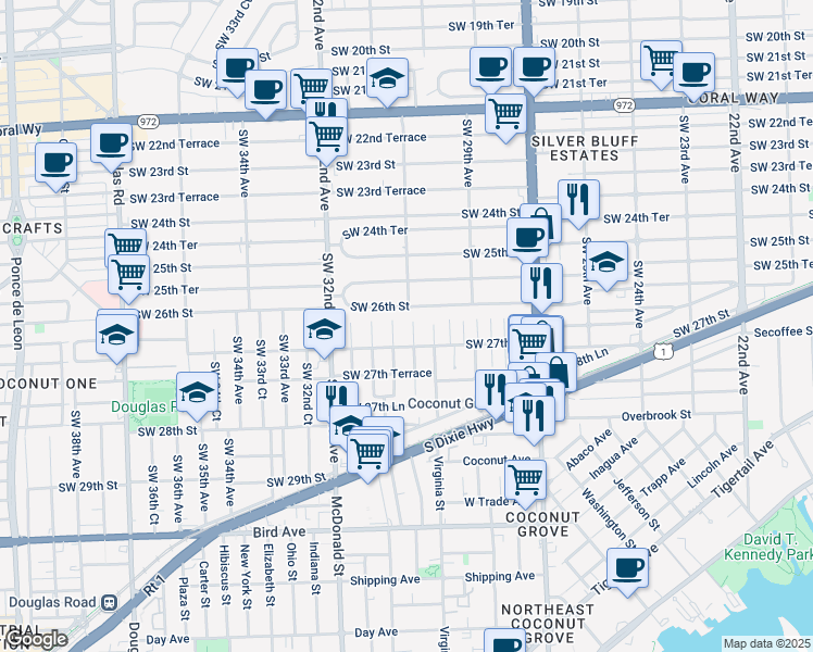 map of restaurants, bars, coffee shops, grocery stores, and more near 2638 Southwest 30th Court in Miami
