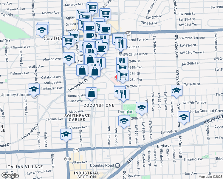 map of restaurants, bars, coffee shops, grocery stores, and more near 34 San Sebastian Avenue in Coral Gables