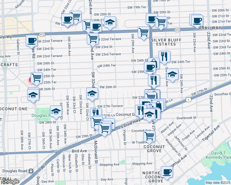 map of restaurants, bars, coffee shops, grocery stores, and more near 2638 Southwest 30th Court in Miami