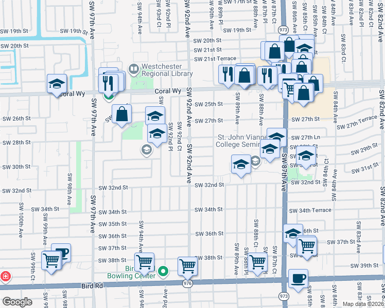 map of restaurants, bars, coffee shops, grocery stores, and more near 9110 Southwest 28th Terrace in Miami