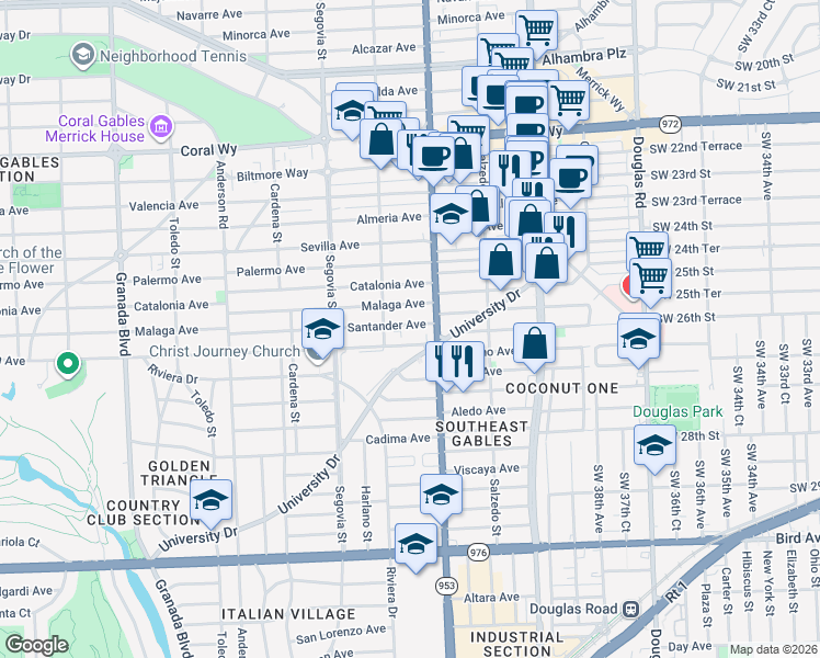 map of restaurants, bars, coffee shops, grocery stores, and more near 426 Santander Avenue in Coral Gables