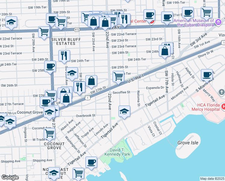 map of restaurants, bars, coffee shops, grocery stores, and more near 2150 South Dixie Highway in Miami