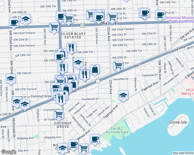 map of restaurants, bars, coffee shops, grocery stores, and more near 2642 Southwest 23rd Avenue in Miami