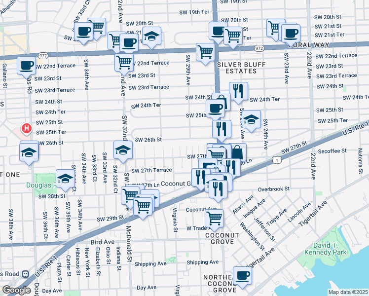 map of restaurants, bars, coffee shops, grocery stores, and more near 2924 Southwest 26th Street in Miami