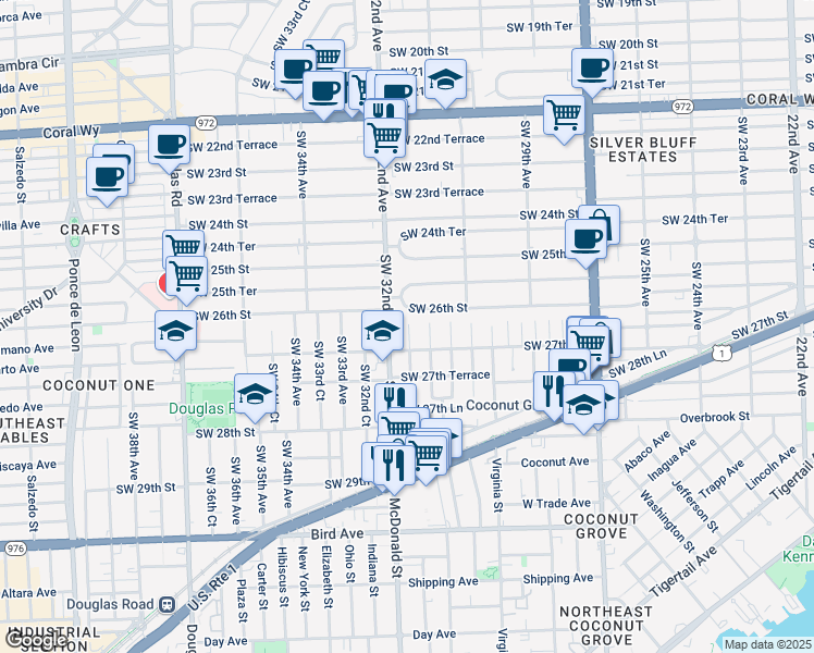 map of restaurants, bars, coffee shops, grocery stores, and more near 3184 Southwest 26th Street in Miami