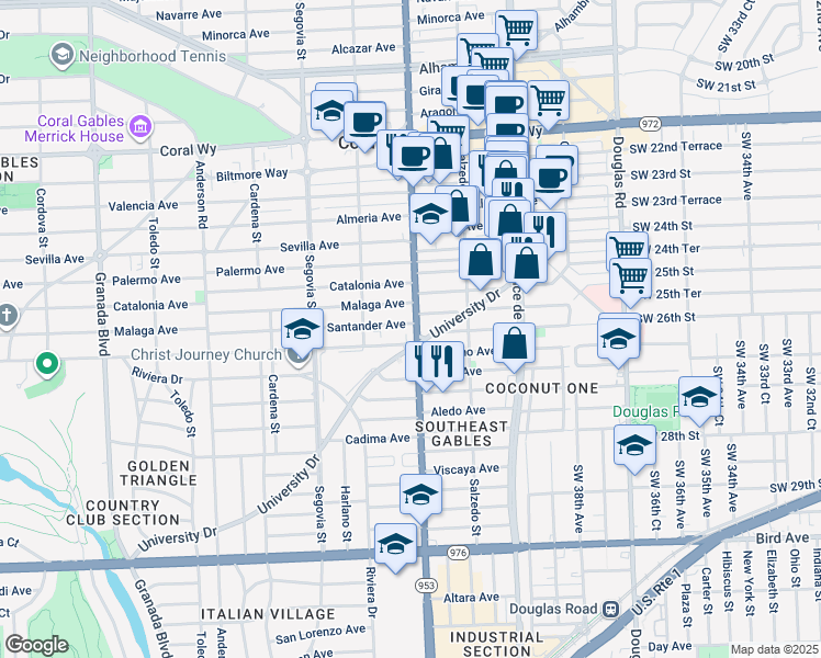 map of restaurants, bars, coffee shops, grocery stores, and more near 351 Santander Avenue in Coral Gables
