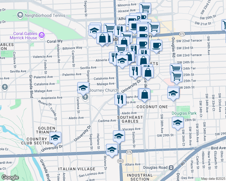 map of restaurants, bars, coffee shops, grocery stores, and more near 427 Santander Avenue in Coral Gables
