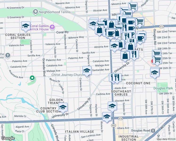 map of restaurants, bars, coffee shops, grocery stores, and more near in Coral Gables