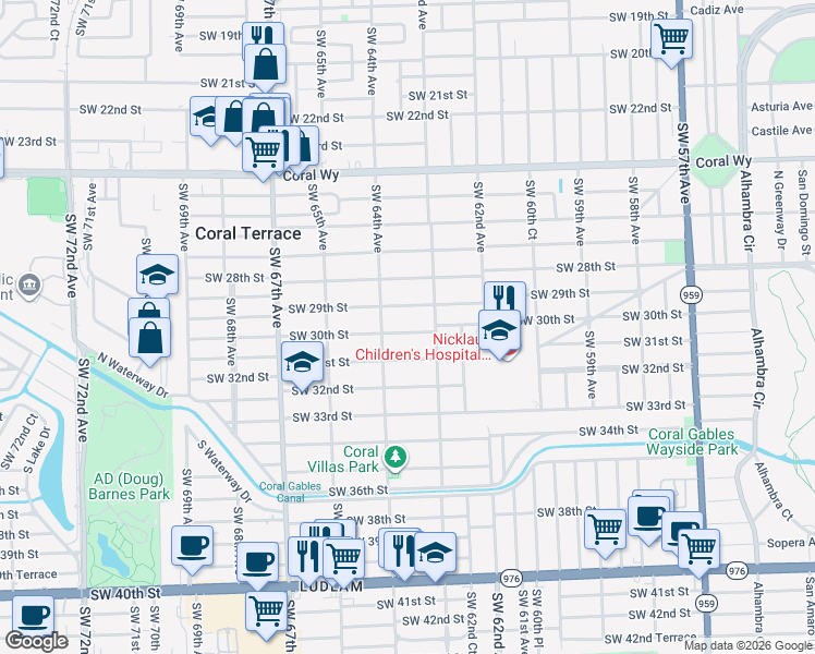 map of restaurants, bars, coffee shops, grocery stores, and more near 6330 Southwest 29th Street in Miami