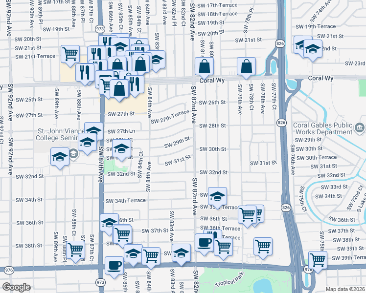 map of restaurants, bars, coffee shops, grocery stores, and more near 8210 Southwest 29th Street in Miami