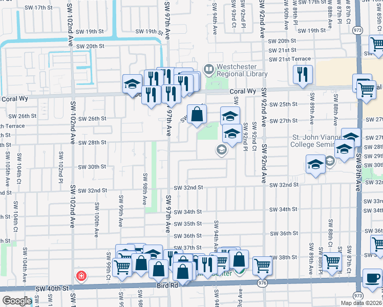 map of restaurants, bars, coffee shops, grocery stores, and more near 9555 Southwest 29th Street in Miami