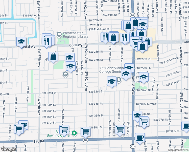 map of restaurants, bars, coffee shops, grocery stores, and more near 9110 Southwest 28th Terrace in Miami