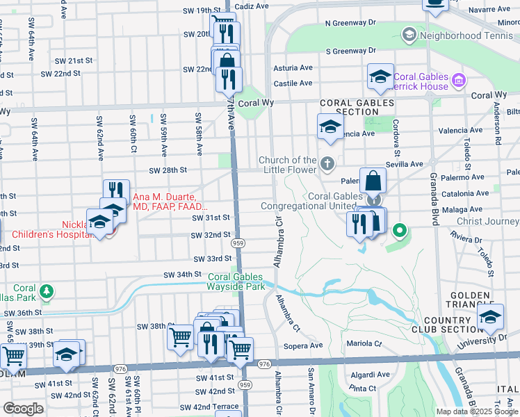 map of restaurants, bars, coffee shops, grocery stores, and more near 1527 Malaga Avenue in Coral Gables