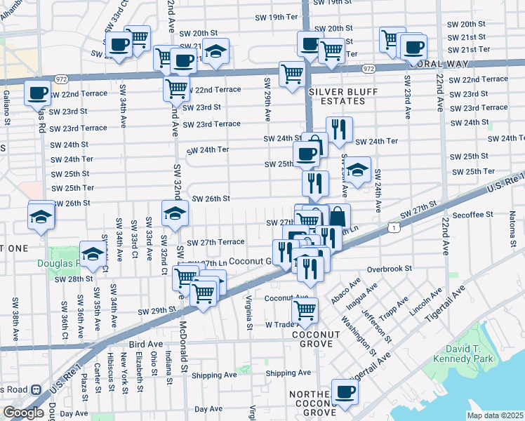 map of restaurants, bars, coffee shops, grocery stores, and more near 2924 Southwest 26th Street in Miami