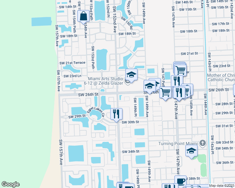 map of restaurants, bars, coffee shops, grocery stores, and more near 3163 Southwest 152nd Avenue in Miami