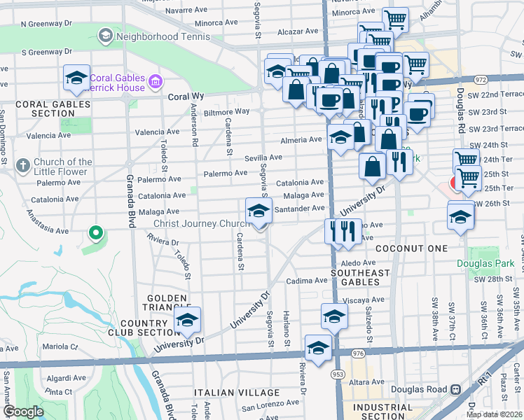 map of restaurants, bars, coffee shops, grocery stores, and more near in Coral Gables