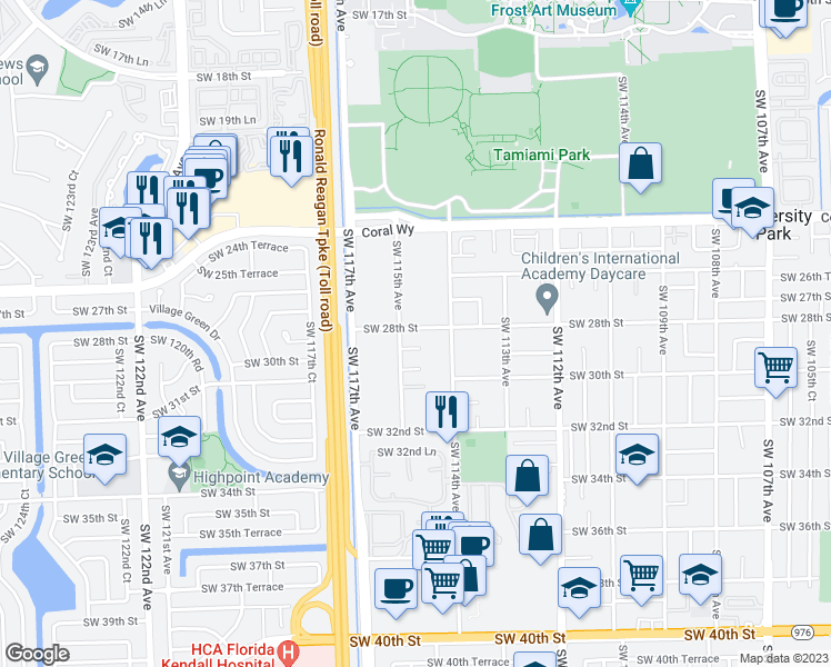 map of restaurants, bars, coffee shops, grocery stores, and more near 11462 Southwest 28th Street in Miami