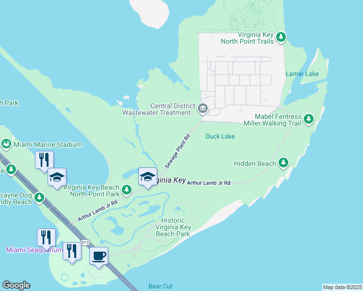 map of restaurants, bars, coffee shops, grocery stores, and more near Sewage Plant Road in Miami