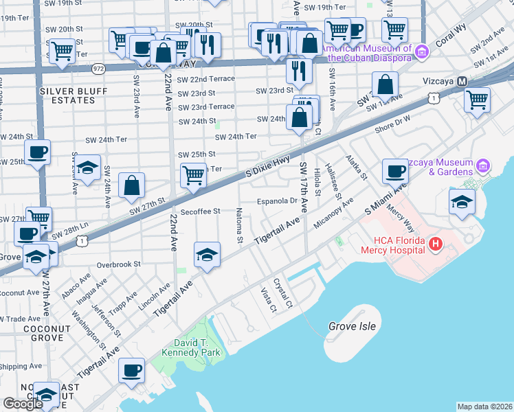 map of restaurants, bars, coffee shops, grocery stores, and more near 1801 Espanola Drive in Miami