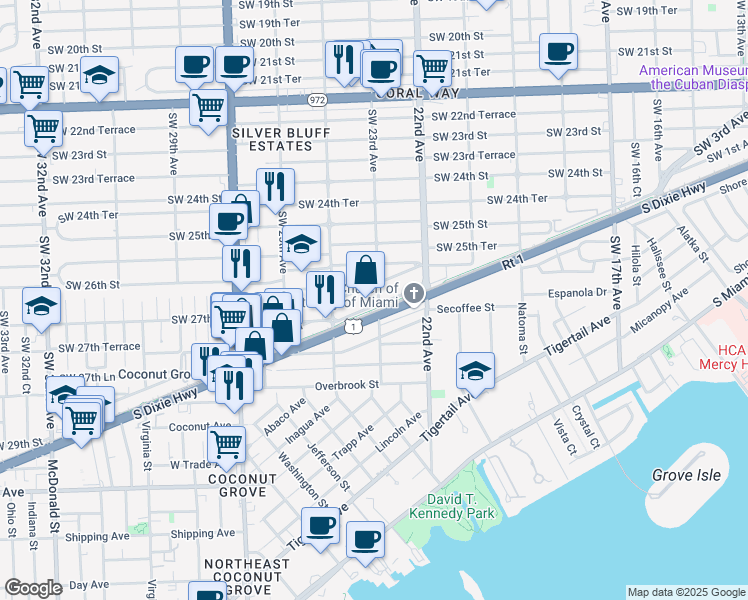 map of restaurants, bars, coffee shops, grocery stores, and more near 2642 Southwest 23rd Avenue in Miami