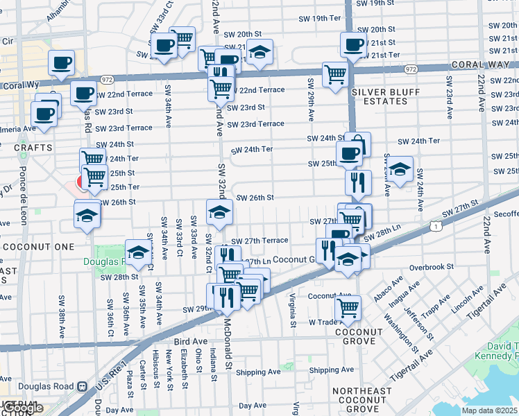 map of restaurants, bars, coffee shops, grocery stores, and more near 3144 Southwest 26th Street in Miami